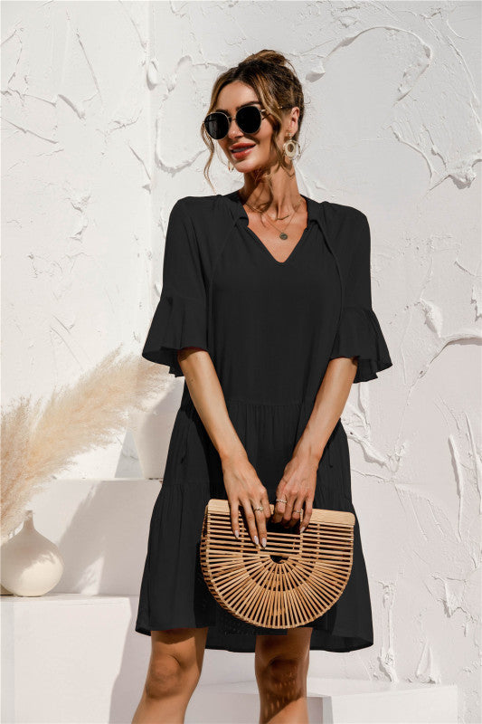 Blue Zone Planet | V-neck trumpet sleeve cake style stitching dress BLUE ZONE PLANET