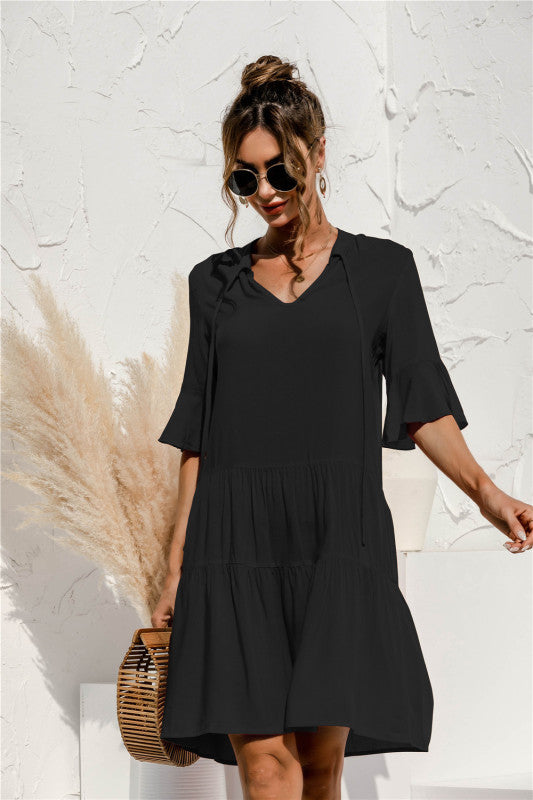 Blue Zone Planet | V-neck trumpet sleeve cake style stitching dress BLUE ZONE PLANET