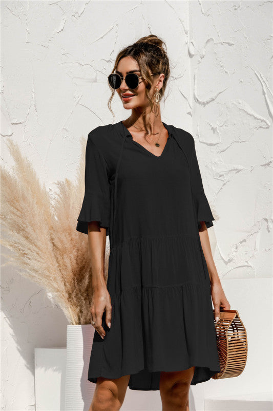 Blue Zone Planet | V-neck trumpet sleeve cake style stitching dress BLUE ZONE PLANET