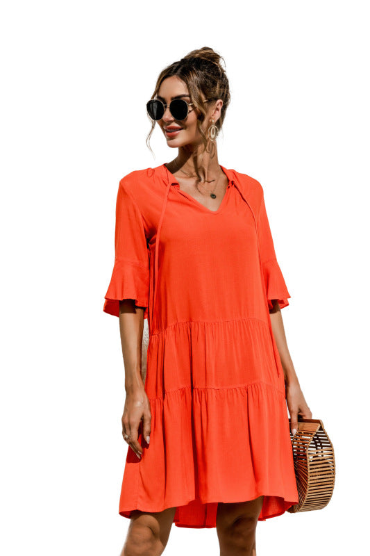 Blue Zone Planet | V-neck trumpet sleeve cake style stitching dress BLUE ZONE PLANET