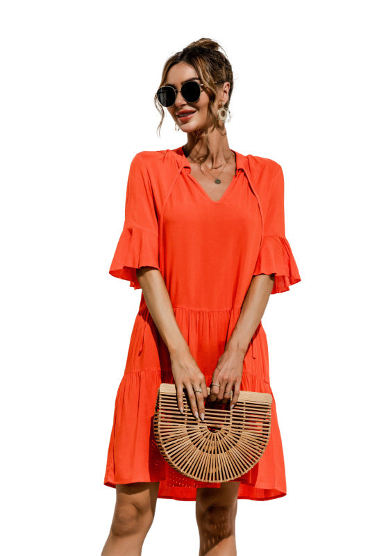 Blue Zone Planet | V-neck trumpet sleeve cake style stitching dress BLUE ZONE PLANET