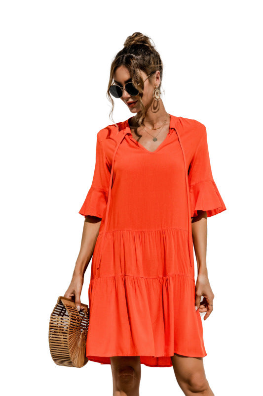 Blue Zone Planet | V-neck trumpet sleeve cake style stitching dress BLUE ZONE PLANET