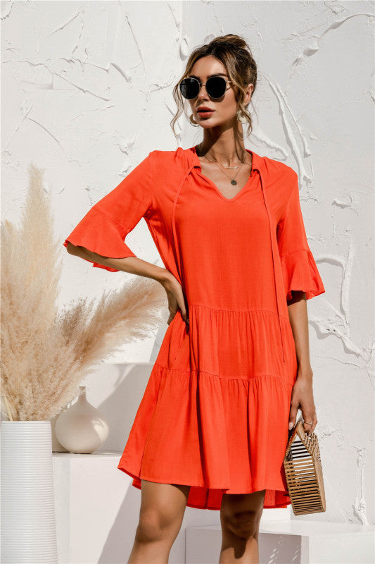 Blue Zone Planet | V-neck trumpet sleeve cake style stitching dress BLUE ZONE PLANET