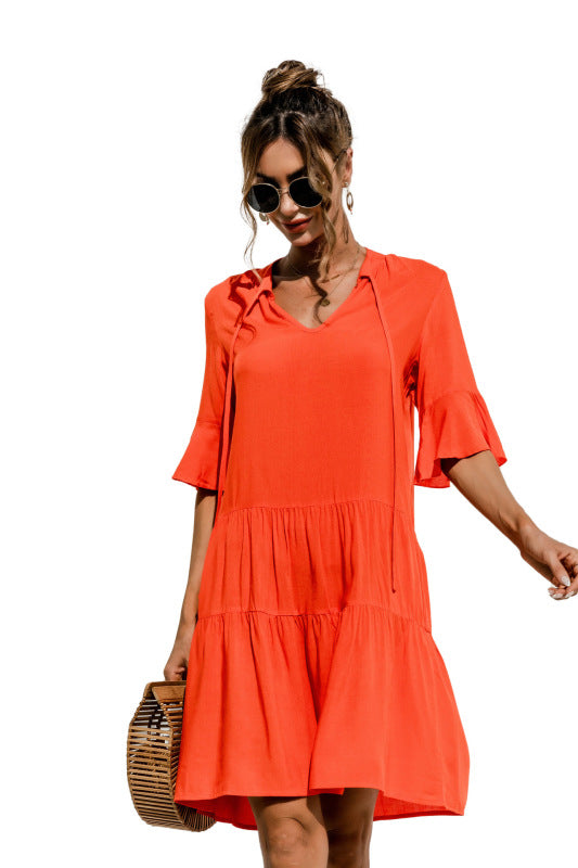 Blue Zone Planet | V-neck trumpet sleeve cake style stitching dress BLUE ZONE PLANET