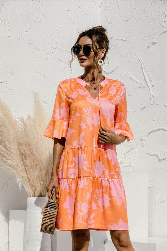 Blue Zone Planet | V-neck trumpet sleeve cake style stitching dress BLUE ZONE PLANET