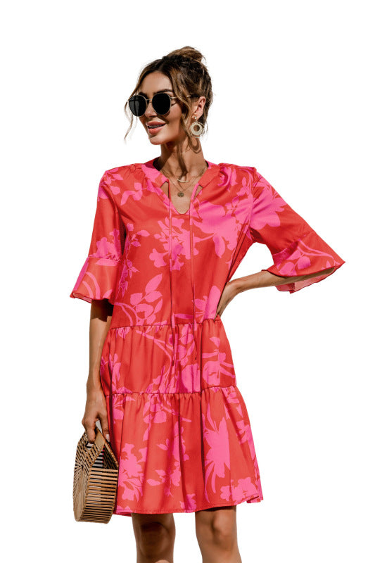 Blue Zone Planet | V-neck trumpet sleeve cake style stitching dress BLUE ZONE PLANET
