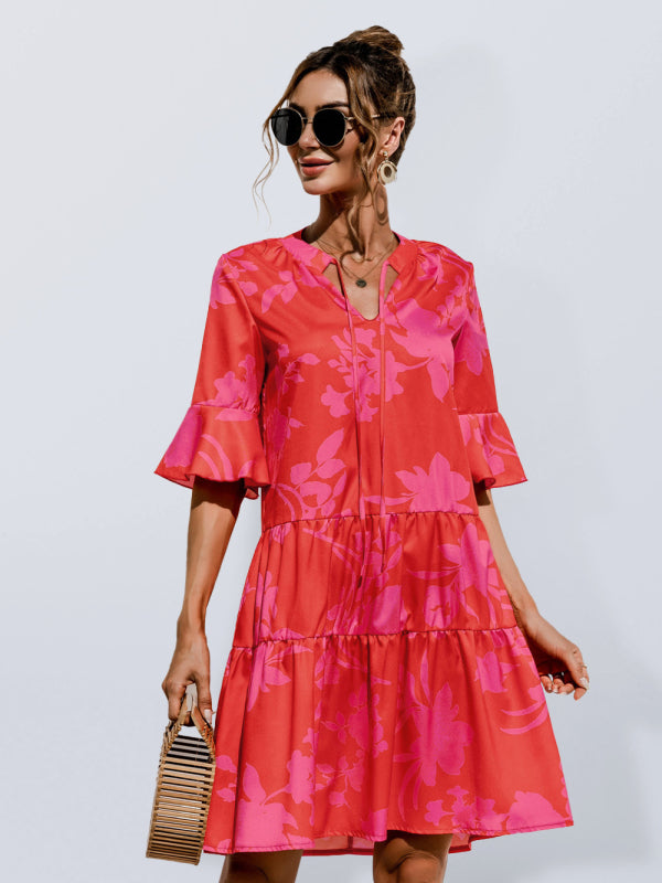 Blue Zone Planet | V-neck trumpet sleeve cake style stitching dress BLUE ZONE PLANET