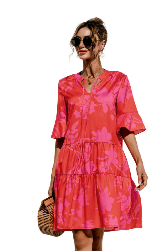 Blue Zone Planet | V-neck trumpet sleeve cake style stitching dress BLUE ZONE PLANET