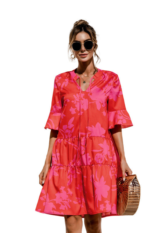 Blue Zone Planet | V-neck trumpet sleeve cake style stitching dress BLUE ZONE PLANET