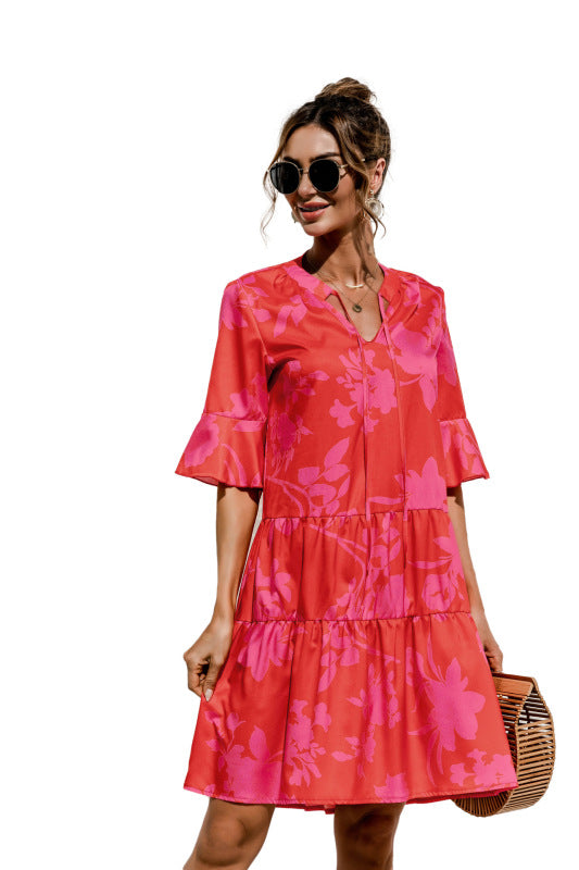 Blue Zone Planet | V-neck trumpet sleeve cake style stitching dress BLUE ZONE PLANET