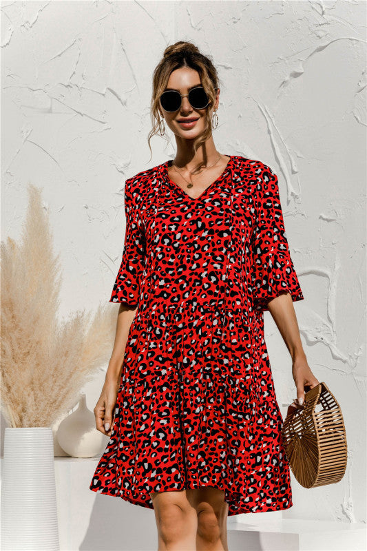 Blue Zone Planet | V-neck trumpet sleeve cake style stitching dress BLUE ZONE PLANET