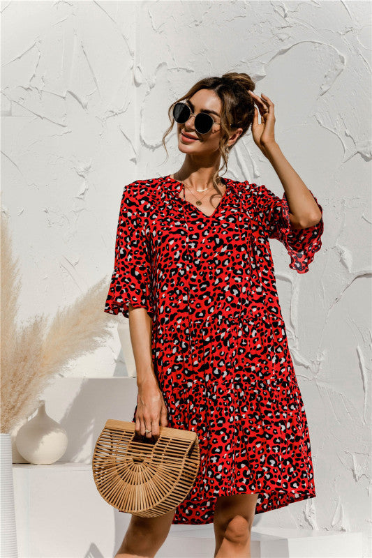 Blue Zone Planet | V-neck trumpet sleeve cake style stitching dress BLUE ZONE PLANET