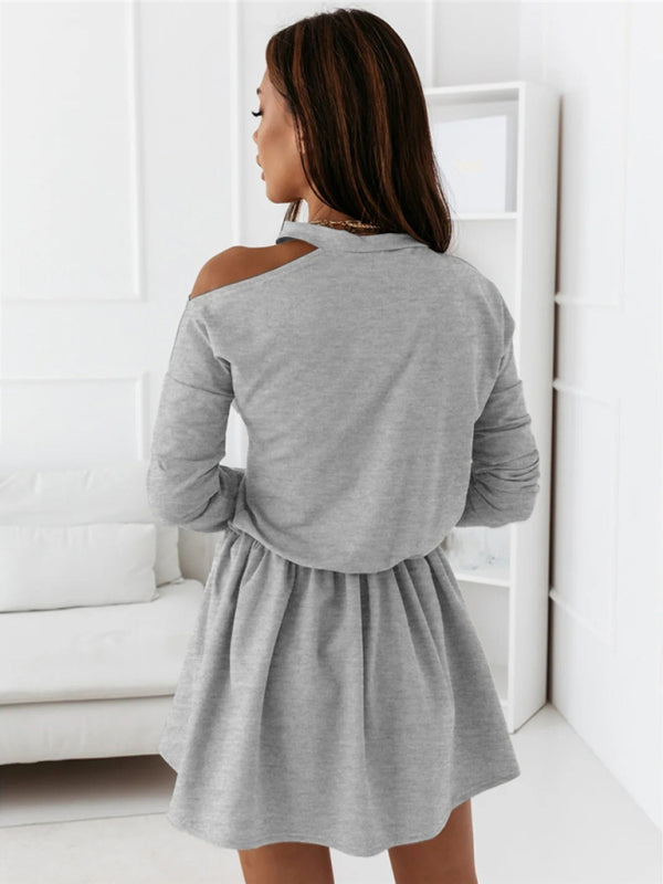 Solid Color Round Neck Off Shoulder Long Sleeve Dress kakaclo