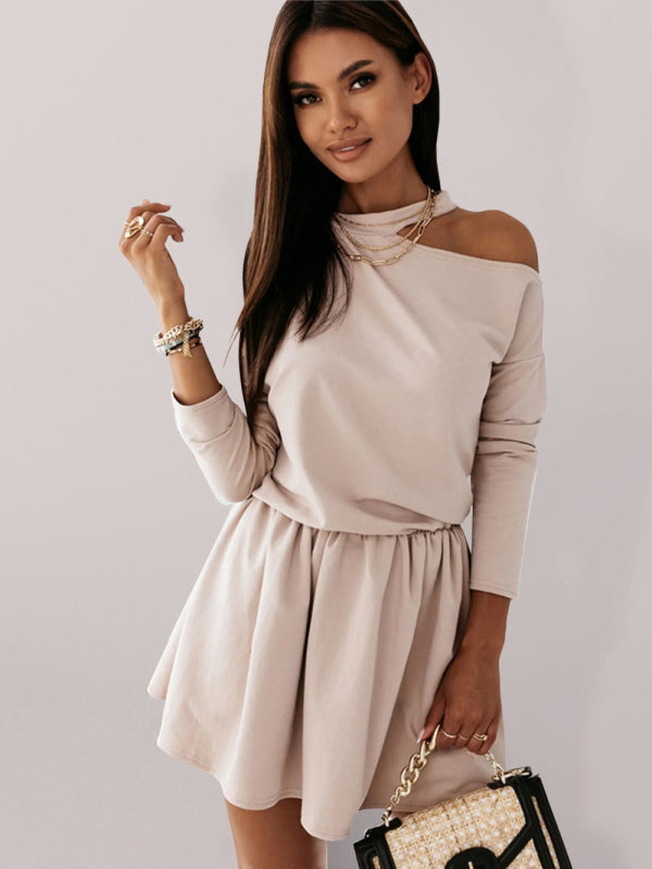 Solid Color Round Neck Off Shoulder Long Sleeve Dress kakaclo