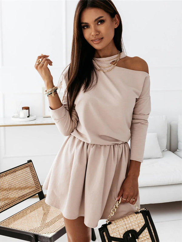 Solid Color Round Neck Off Shoulder Long Sleeve Dress kakaclo