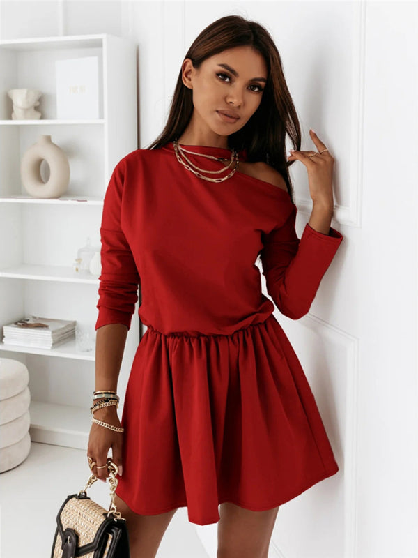 Solid Color Round Neck Off Shoulder Long Sleeve Dress kakaclo