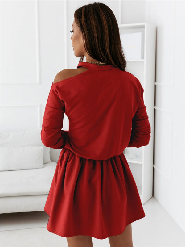 Solid Color Round Neck Off Shoulder Long Sleeve Dress kakaclo