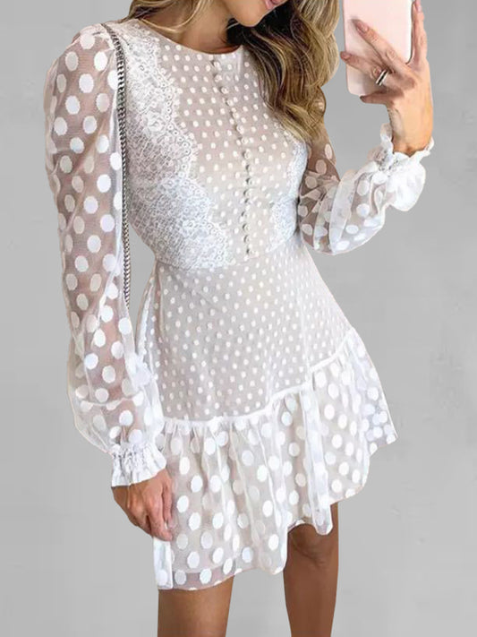 Blue Zone Planet |  Elegant Polka Dot Stitching Lace Long Sleeve Dress BLUE ZONE PLANET