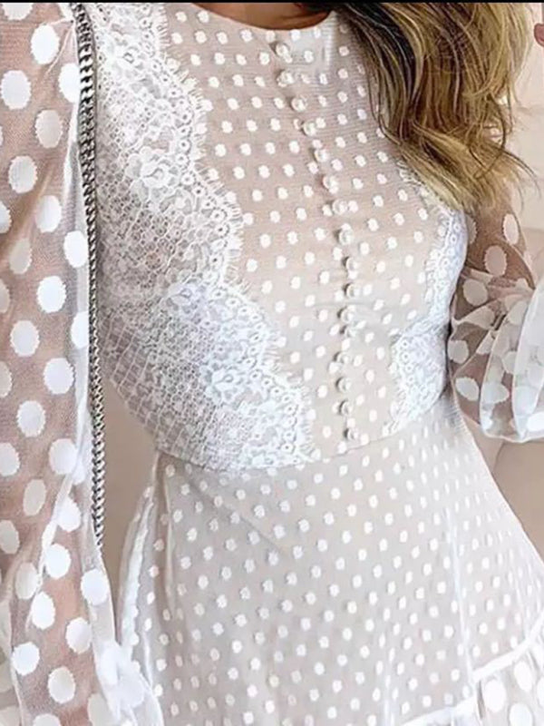 Blue Zone Planet | Elegant Polka Dot Stitching Lace Long Sleeve Dress BLUE ZONE PLANET