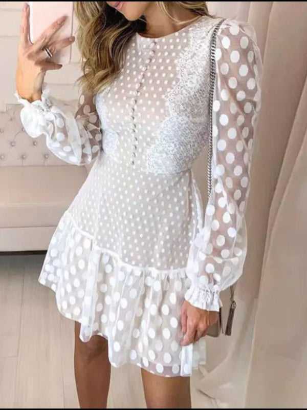 Blue Zone Planet | Elegant Polka Dot Stitching Lace Long Sleeve Dress BLUE ZONE PLANET
