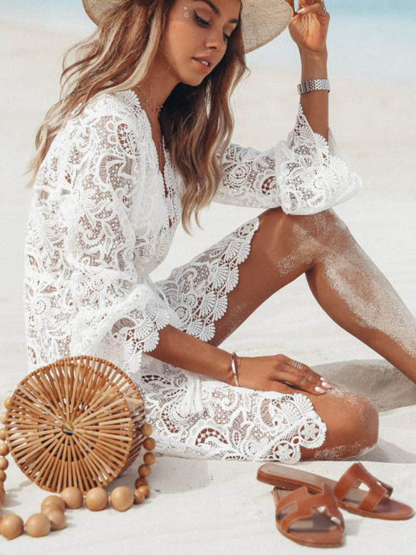 Blue Zone Planet | lace chain link long-sleeved V-neck see-through dress BLUE ZONE PLANET