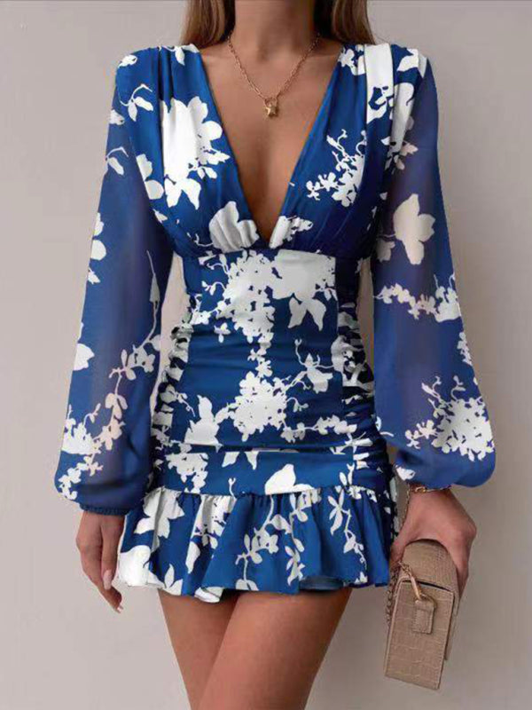 Women's V-neck Lantern Long Sleeve Dress kakaclo