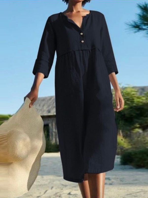 Round Neck Button Pocket Cotton Linen Long Sleeve Solid Color Dress kakaclo