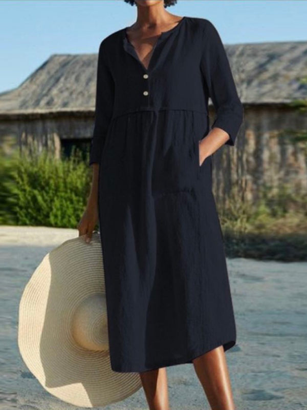 Round Neck Button Pocket Cotton Linen Long Sleeve Solid Color Dress kakaclo