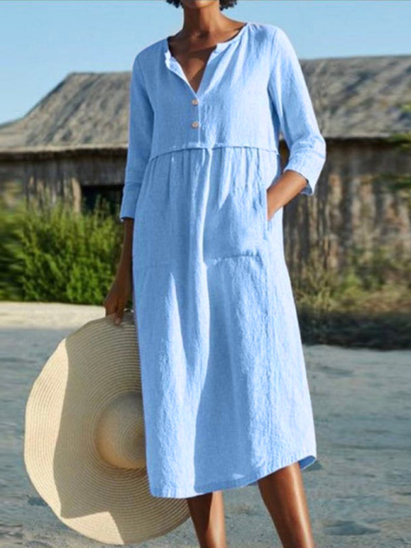 Round Neck Button Pocket Cotton Linen Long Sleeve Solid Color Dress kakaclo