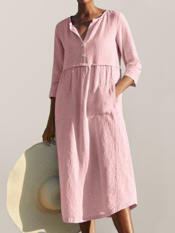 Round Neck Button Pocket Cotton Linen Long Sleeve Solid Color Dress kakaclo