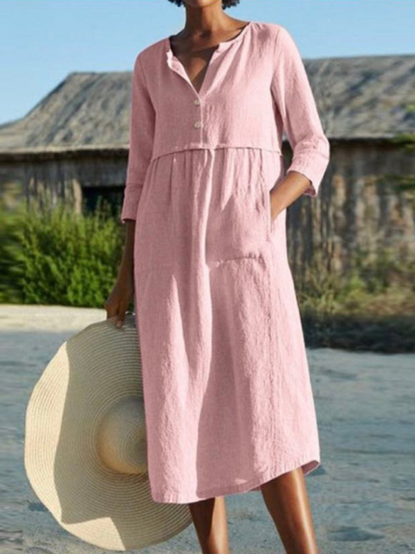 Round Neck Button Pocket Cotton Linen Long Sleeve Solid Color Dress kakaclo