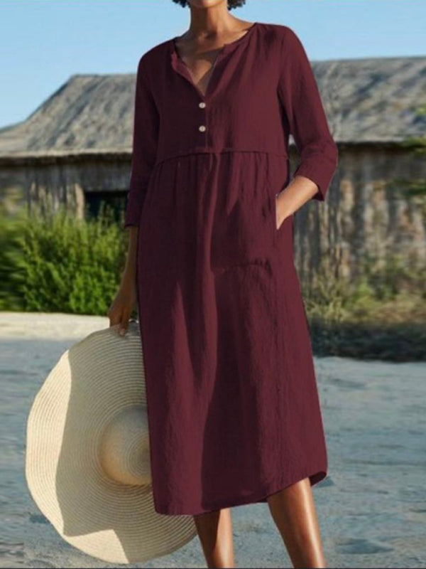 Round Neck Button Pocket Cotton Linen Long Sleeve Solid Color Dress kakaclo