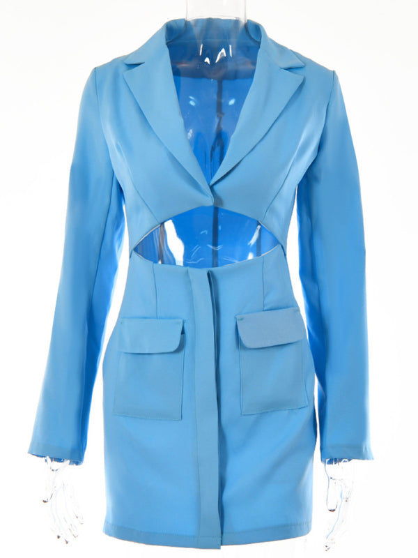Fake Two Piece Lapel Long Sleeve Blazer Dress kakaclo