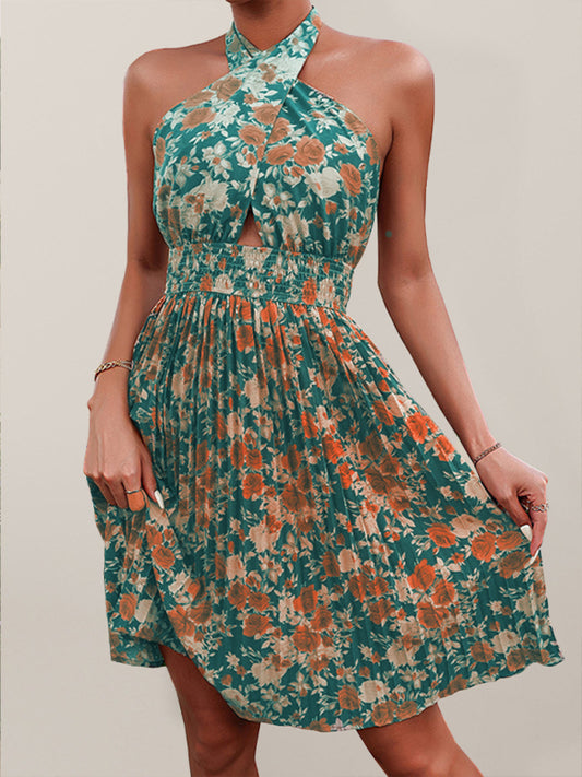Blue Zone Planet |  Woven Halter Neck Backless Floral Dress BLUE ZONE PLANET