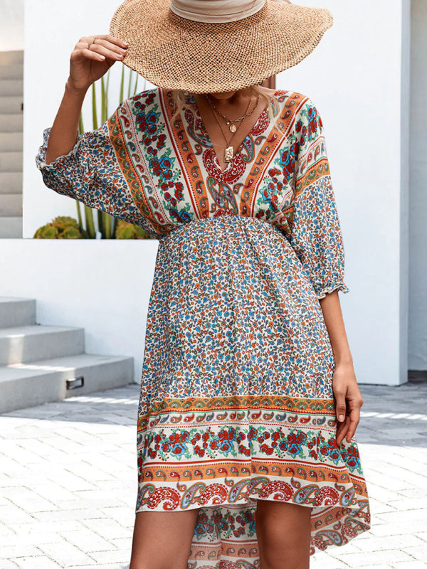 Blue Zone Planet | Ava's Woven V-Neck Open Back Bohemian High Low Mini Dress BLUE ZONE PLANET