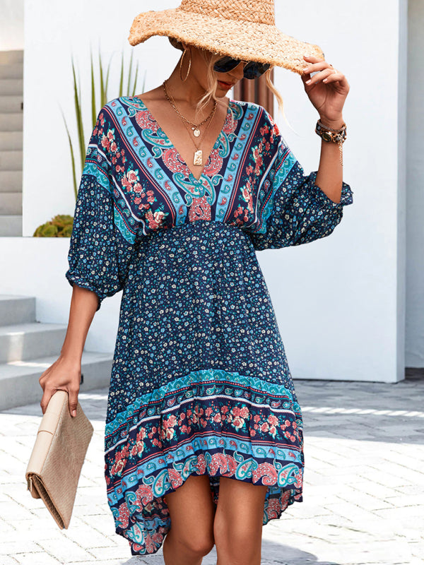 Blue Zone Planet | Ava's Woven V-Neck Open Back Bohemian High Low Mini Dress BLUE ZONE PLANET