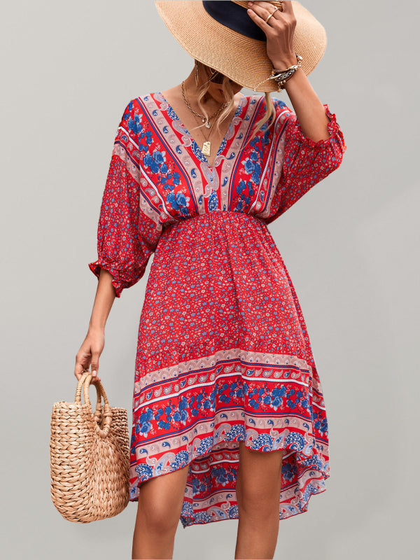 Blue Zone Planet | Ava's Woven V-Neck Open Back Bohemian High Low Mini Dress BLUE ZONE PLANET