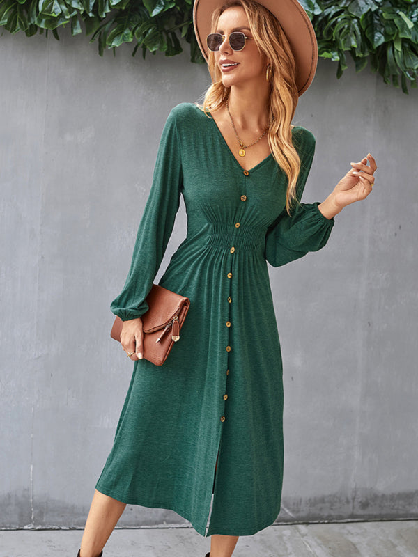 Waist slimming A-line skirt V-neck elastic elastic dress kakaclo