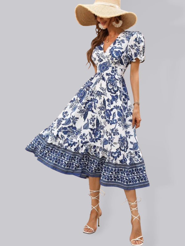 All-over positioning print printed puff-sleeved maxi-neck dress BLUE ZONE PLANET
