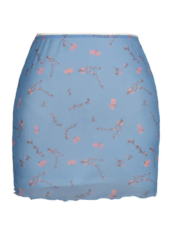 Blue Zone Planet | Printed mesh skirt high waist double layer slim wrap hip skirt kakaclo