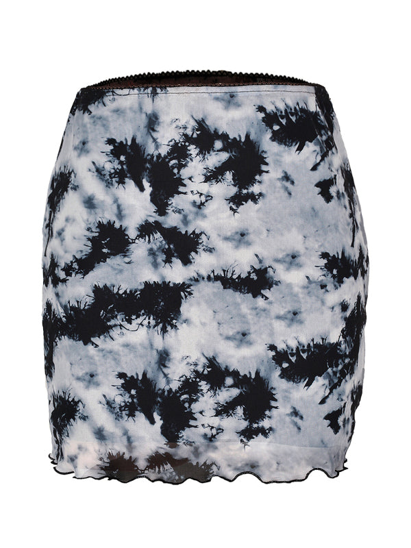 Blue Zone Planet | Printed mesh skirt high waist double layer slim wrap hip skirt kakaclo