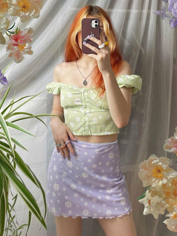 Blue Zone Planet | Printed mesh skirt high waist double layer slim wrap hip skirt kakaclo