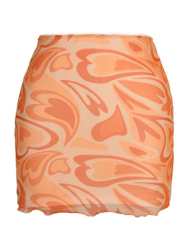 Blue Zone Planet | Printed mesh skirt high waist double layer slim wrap hip skirt kakaclo