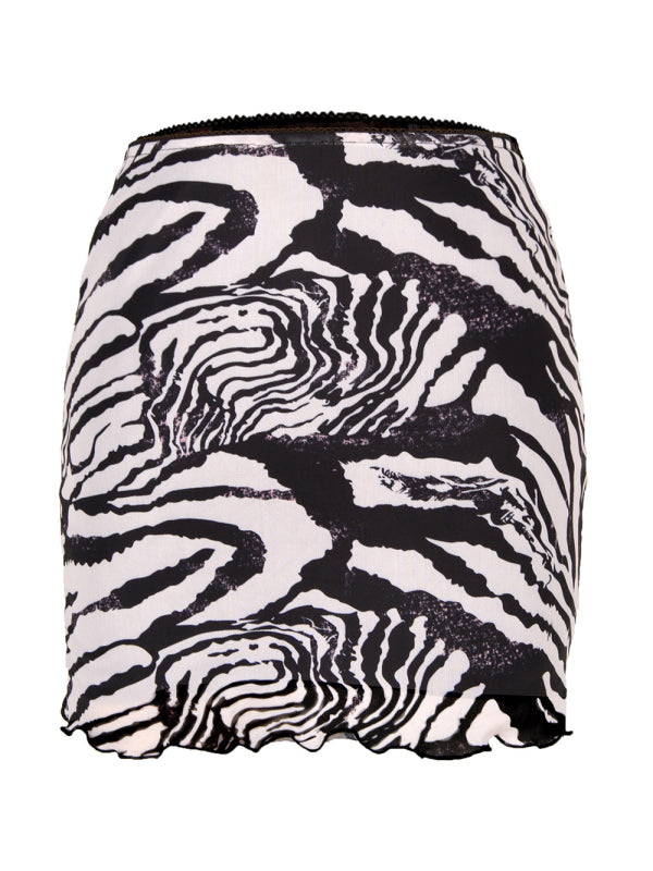 Blue Zone Planet | Printed mesh skirt high waist double layer slim wrap hip skirt kakaclo
