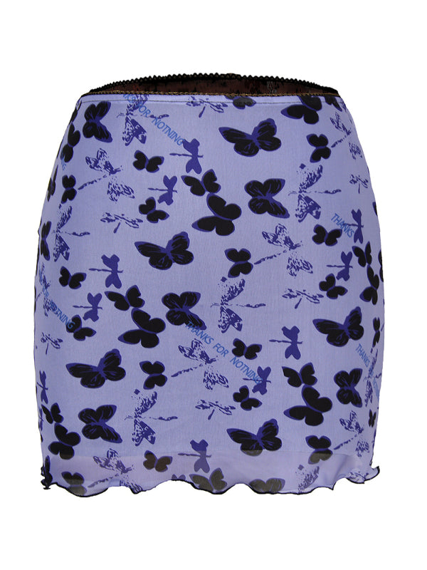 Blue Zone Planet | Printed mesh skirt high waist double layer slim wrap hip skirt kakaclo