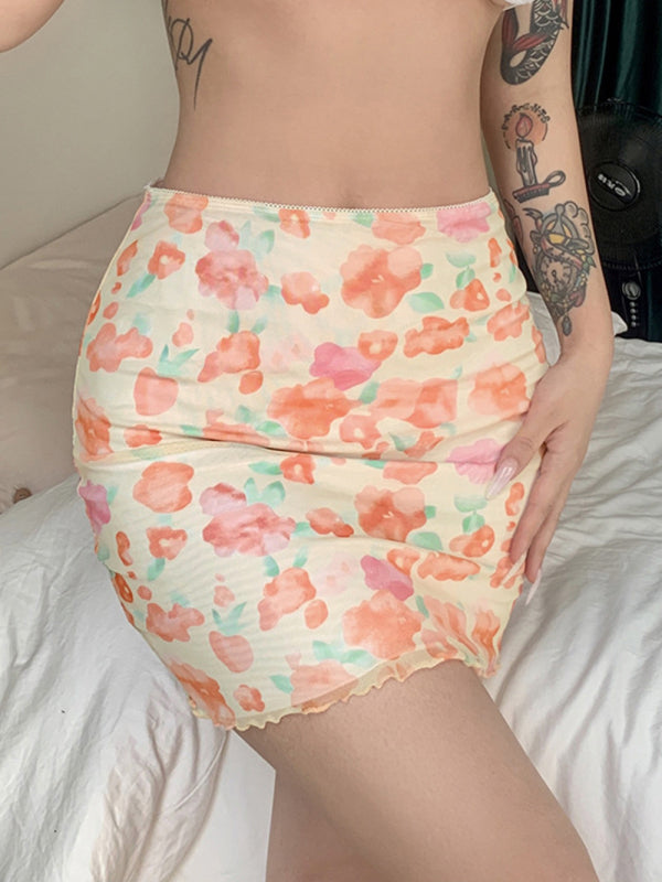 Blue Zone Planet | Printed mesh skirt high waist double layer slim wrap hip skirt kakaclo