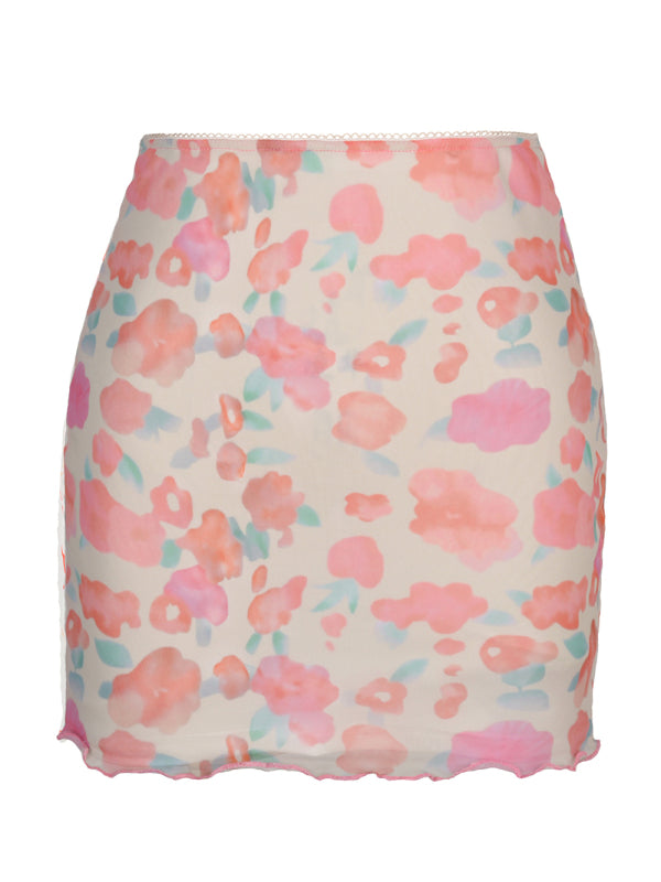 Blue Zone Planet | Printed mesh skirt high waist double layer slim wrap hip skirt kakaclo