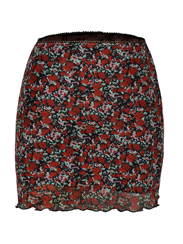 Blue Zone Planet | Printed mesh skirt high waist double layer slim wrap hip skirt kakaclo