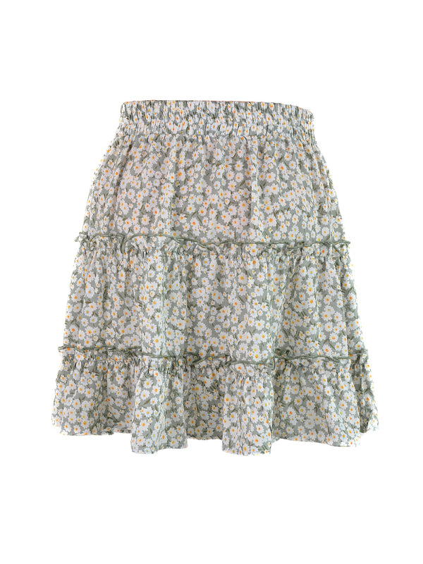 Blue Zone Planet |  Ladies High Waist Ruffled Floral Printed A-Line Skirt kakaclo