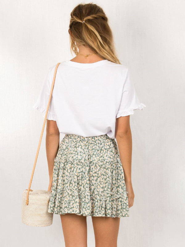 Blue Zone Planet |  Ladies High Waist Ruffled Floral Printed A-Line Skirt kakaclo